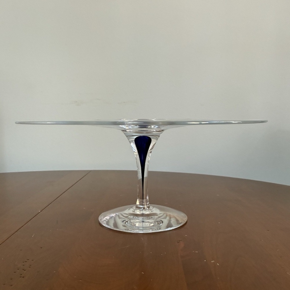 Orrefors Intermezzo Blue Drop Pedestal Cake Stand Plate - Sweden Blown Glass